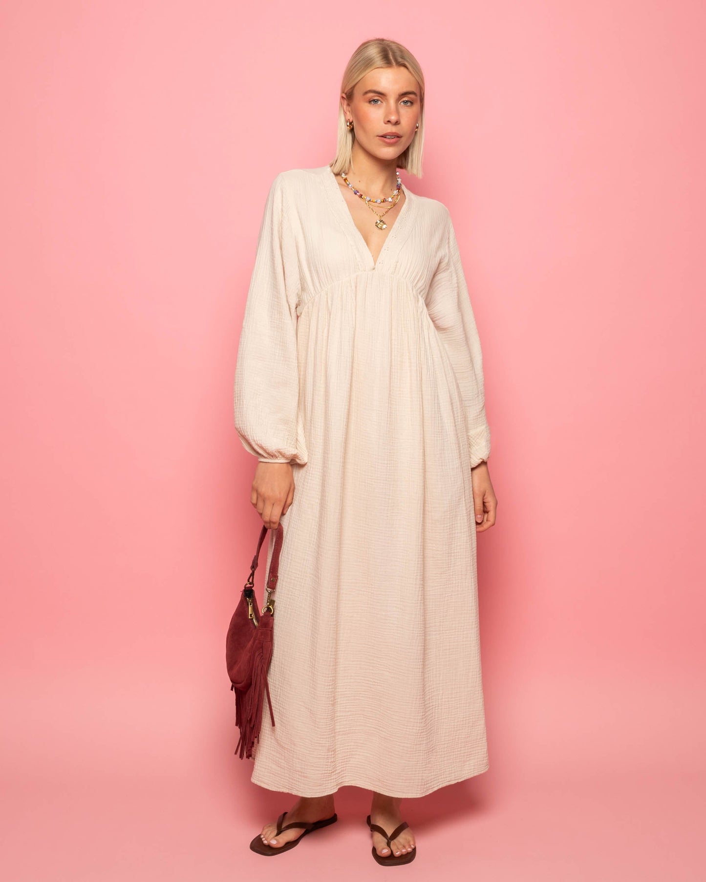 MOUSSELINE FLOWER TAPE MAXI DRESS ZAND