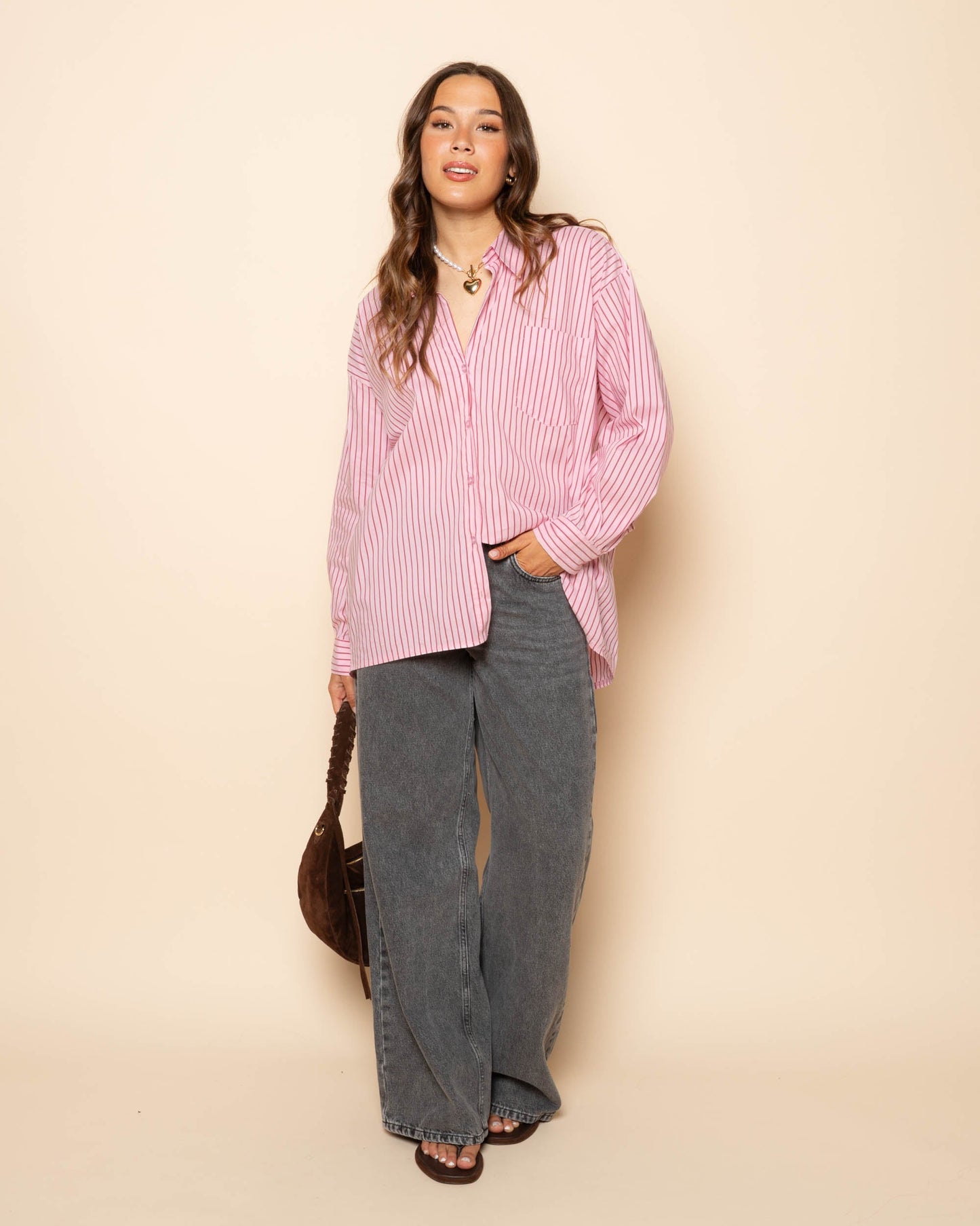 POPLIN STRIPE OVERSIZED BLOUSE ROZE
