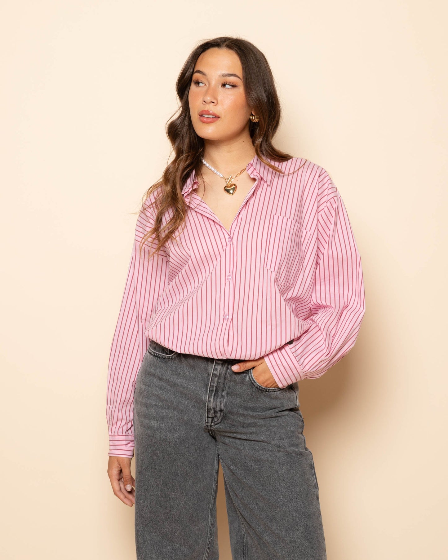 POPLIN STRIPE OVERSIZED BLOUSE ROZE