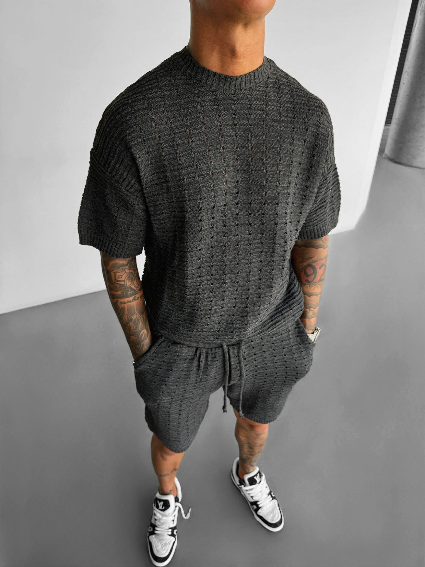 Oversized-Strick-T-Shirt mit Löchern - Anthrazit