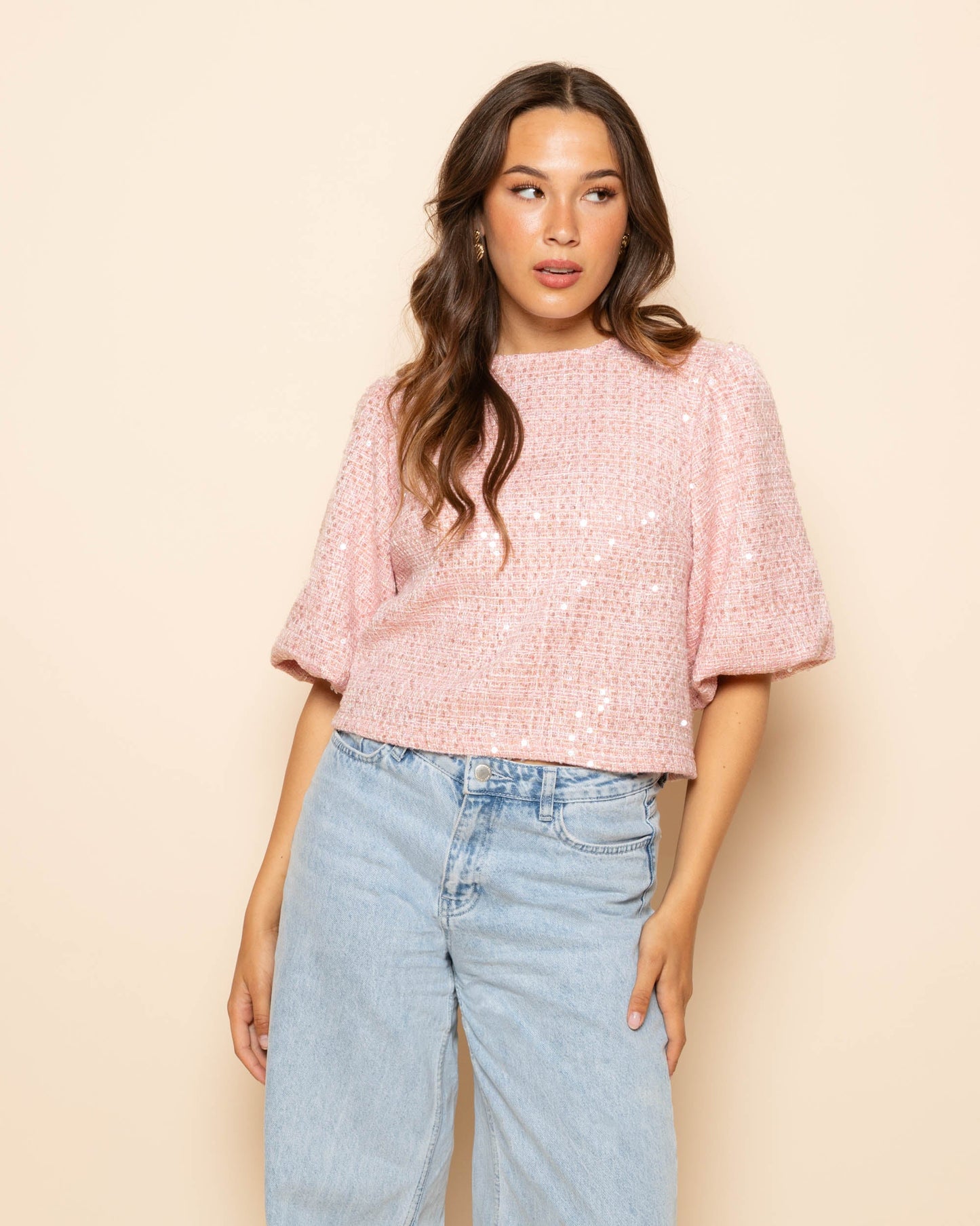 SEQUINS BOUCLE PUFF SLEEVE TOP ROZE