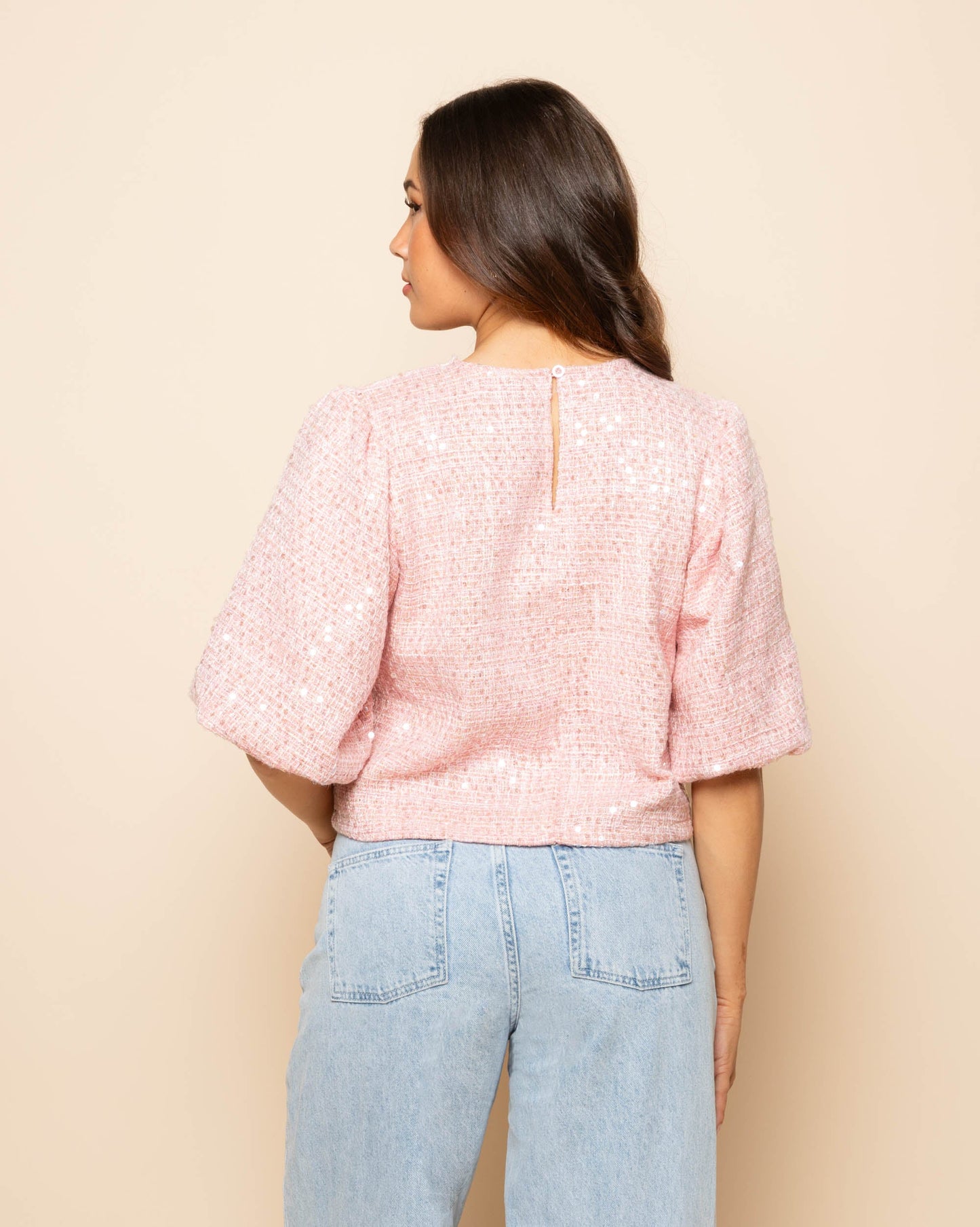 SEQUINS BOUCLE PUFF SLEEVE TOP ROZE