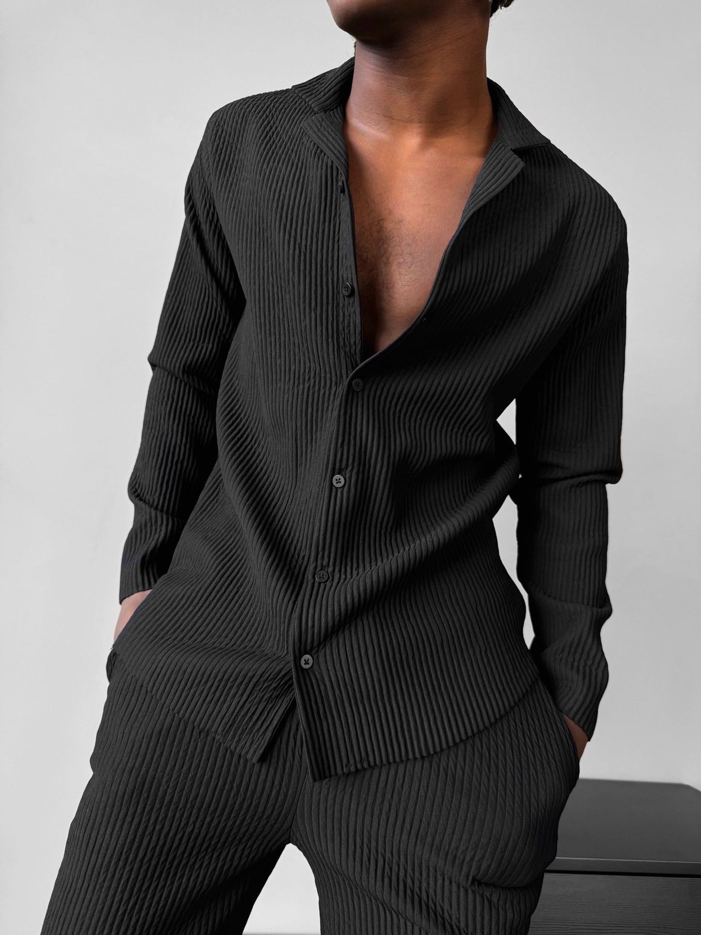 Oversize-Ripp-Langarmshirt - Schwarz