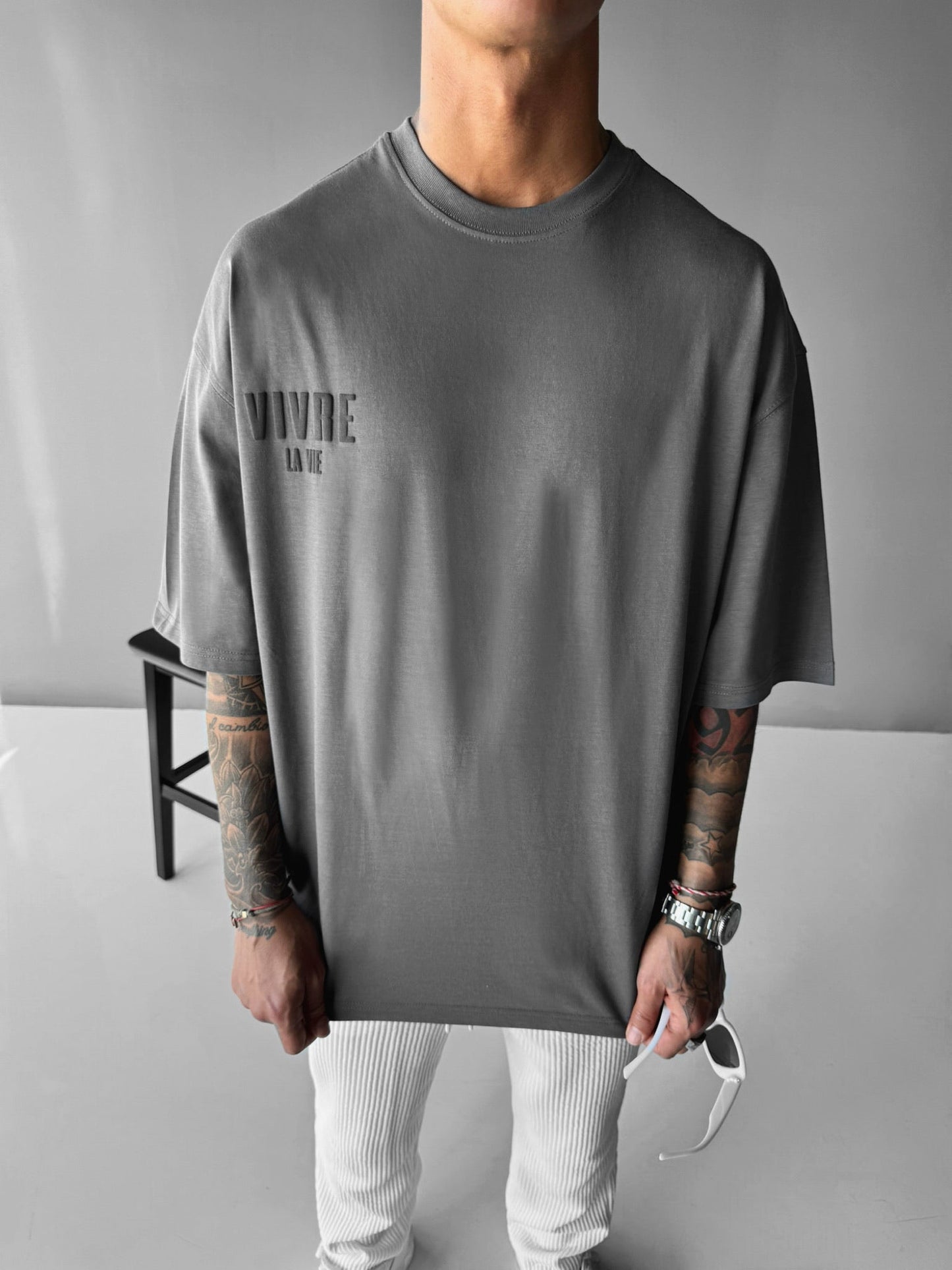 Oversize Vivre la Vie T-Shirt - Anthrazit und Schwarz