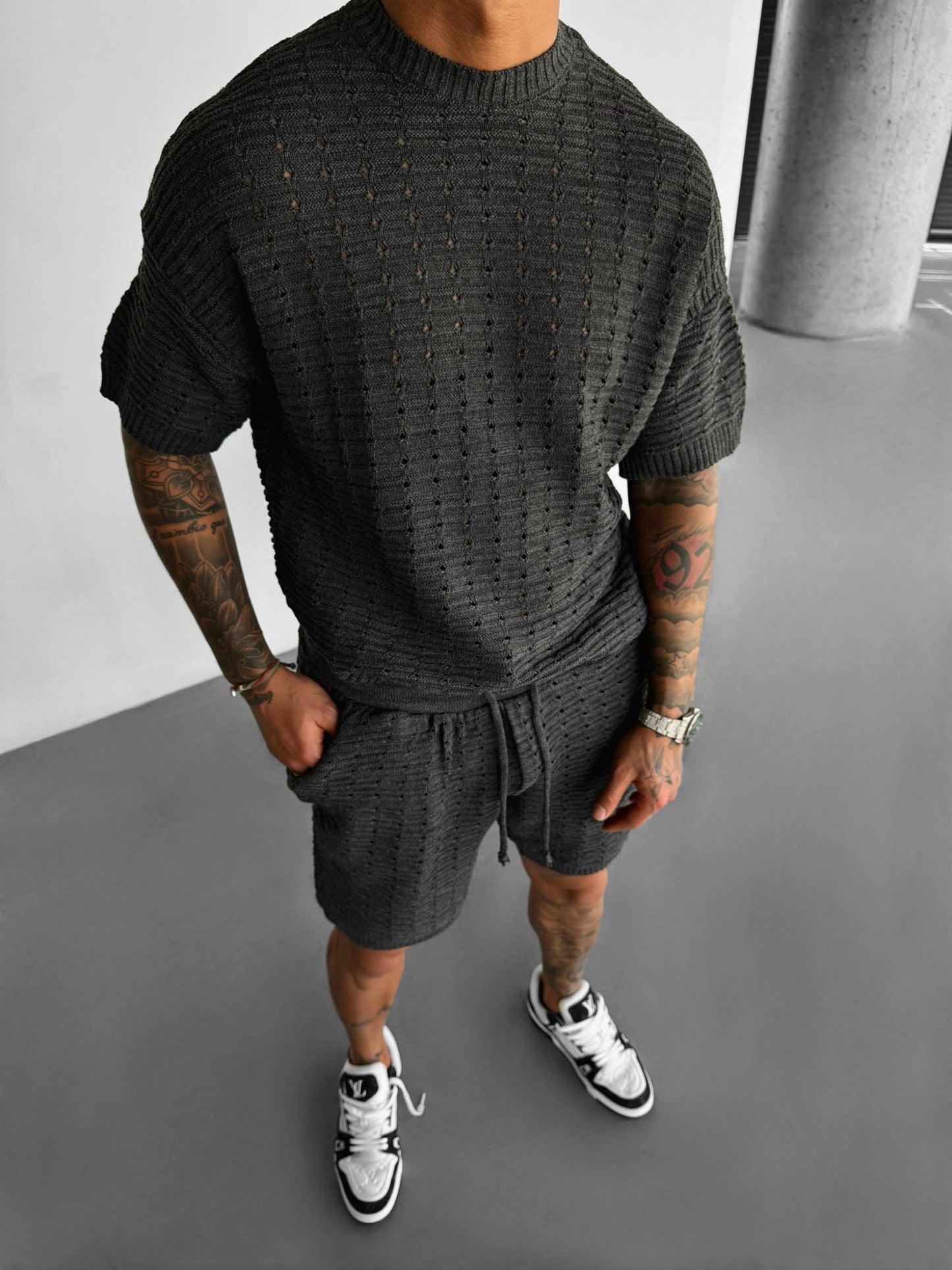 Oversized-Strick-T-Shirt mit Löchern - Anthrazit