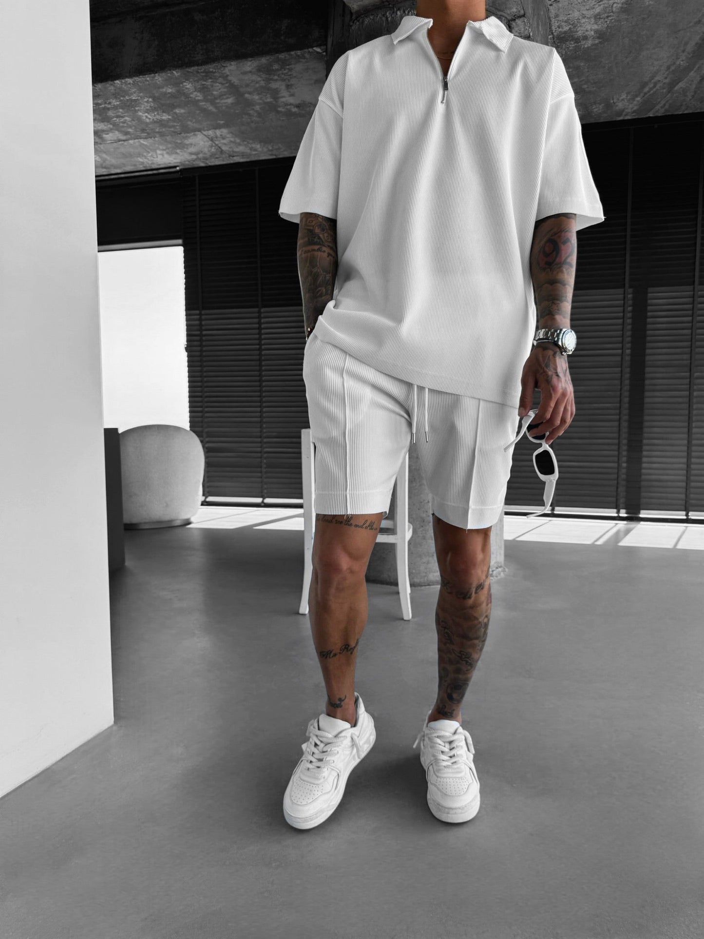 Oversize-Poloshirt mit Reißverschluss und mehreren Lagen - Weiß