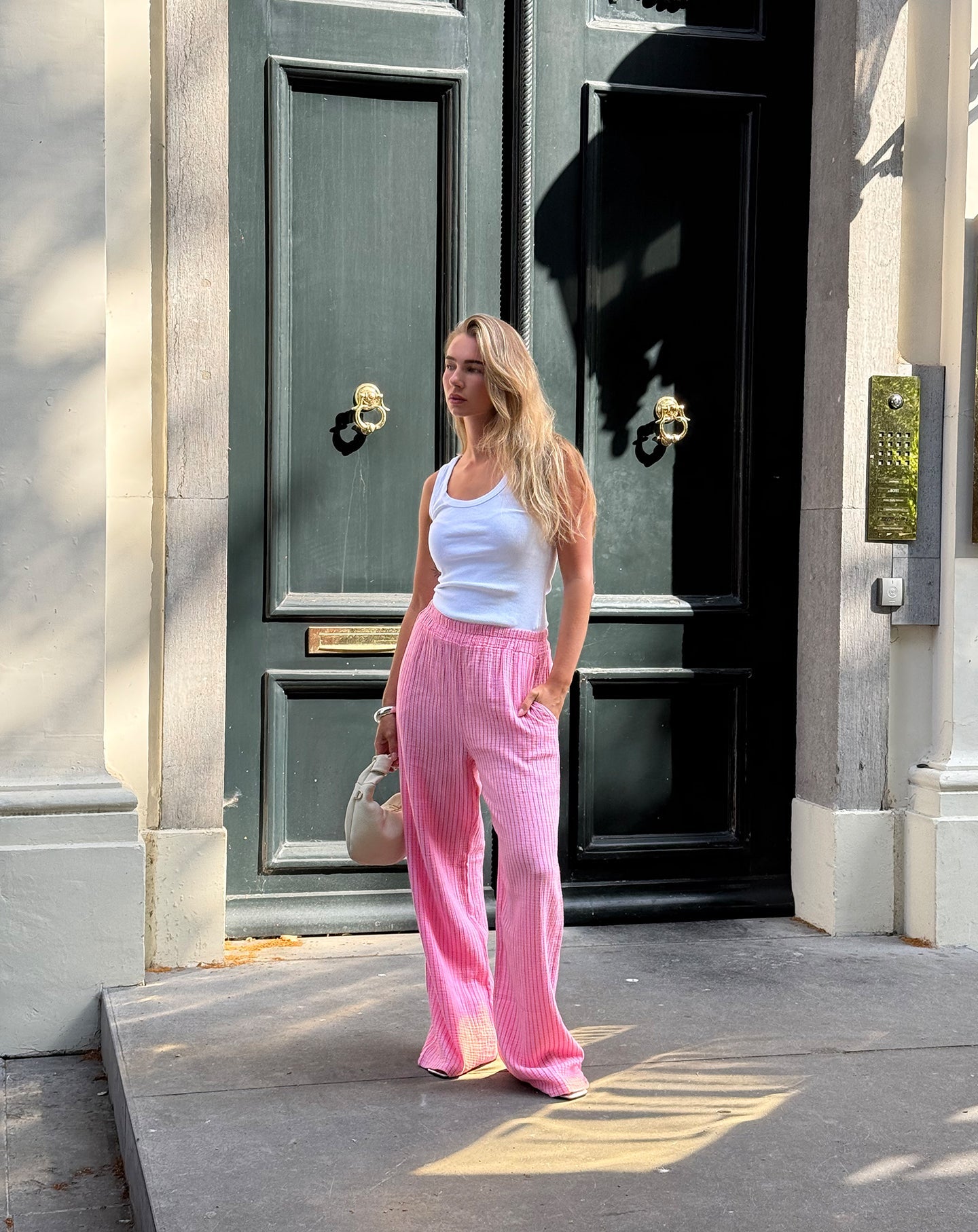 STRIPE MOUSSELINE STRAIGHT LEG PANTS ROZE