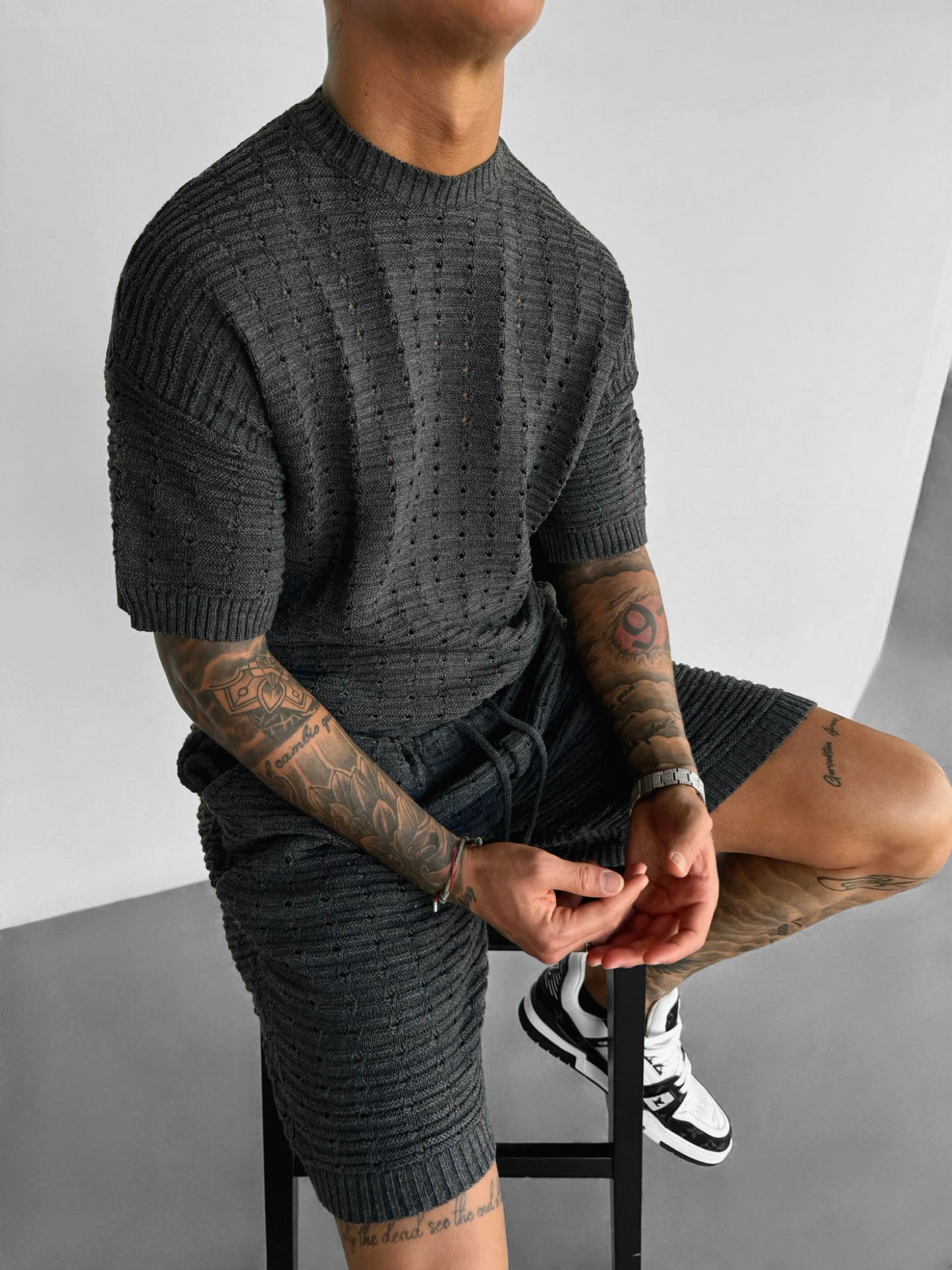 Oversized-Strick-T-Shirt mit Löchern - Anthrazit