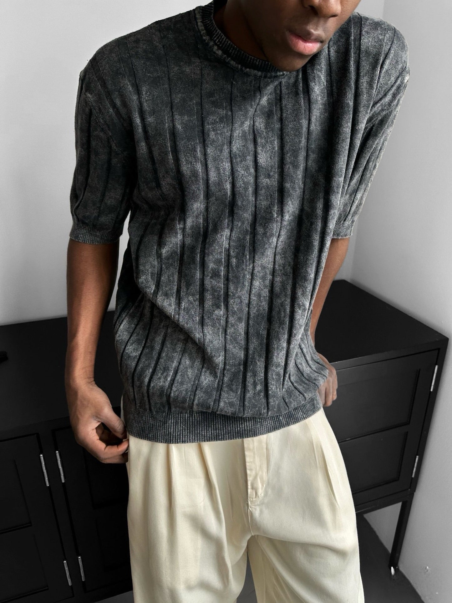 Slim Fit Washed Lines Strick-T-Shirt - Anthrazit