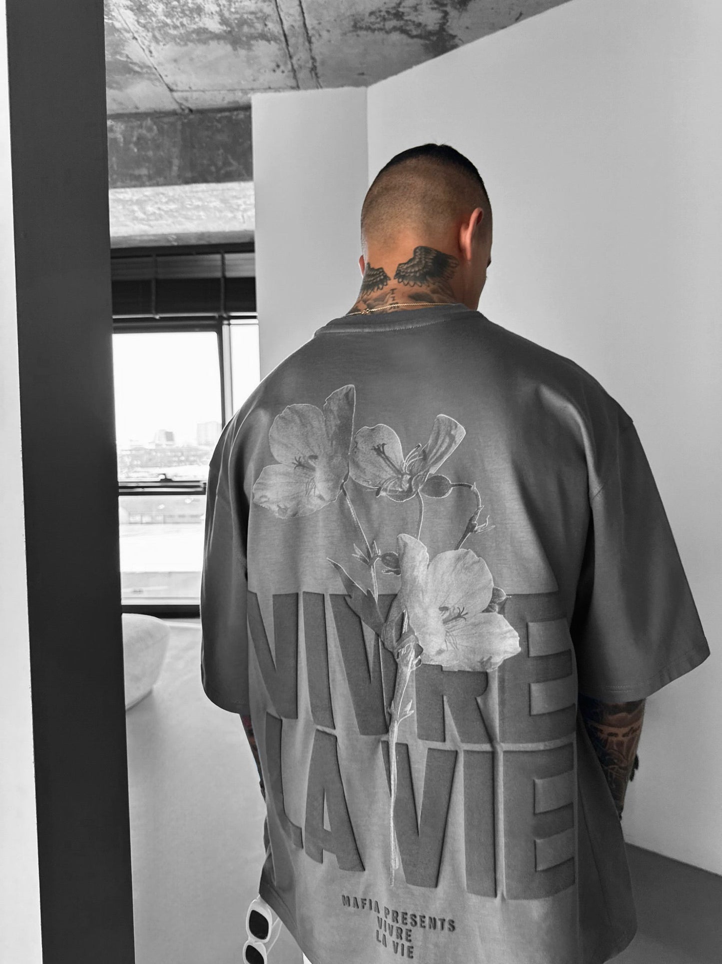 Oversize Vivre la Vie T-Shirt - Anthrazit und Schwarz