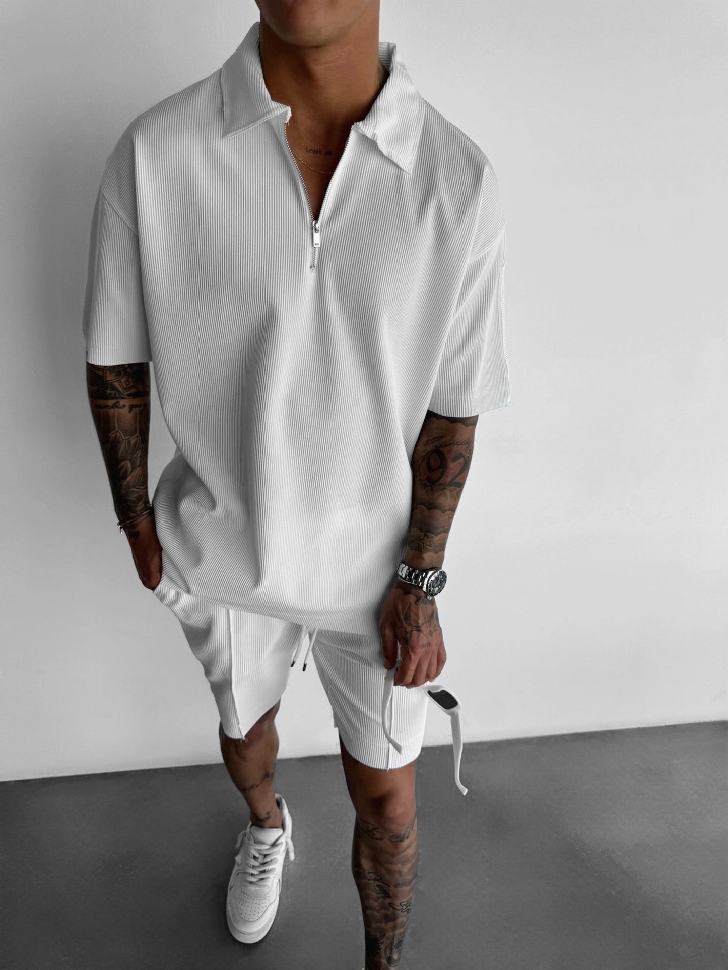 Oversize-Poloshirt mit strukturiertem Reißverschluss - Weiß