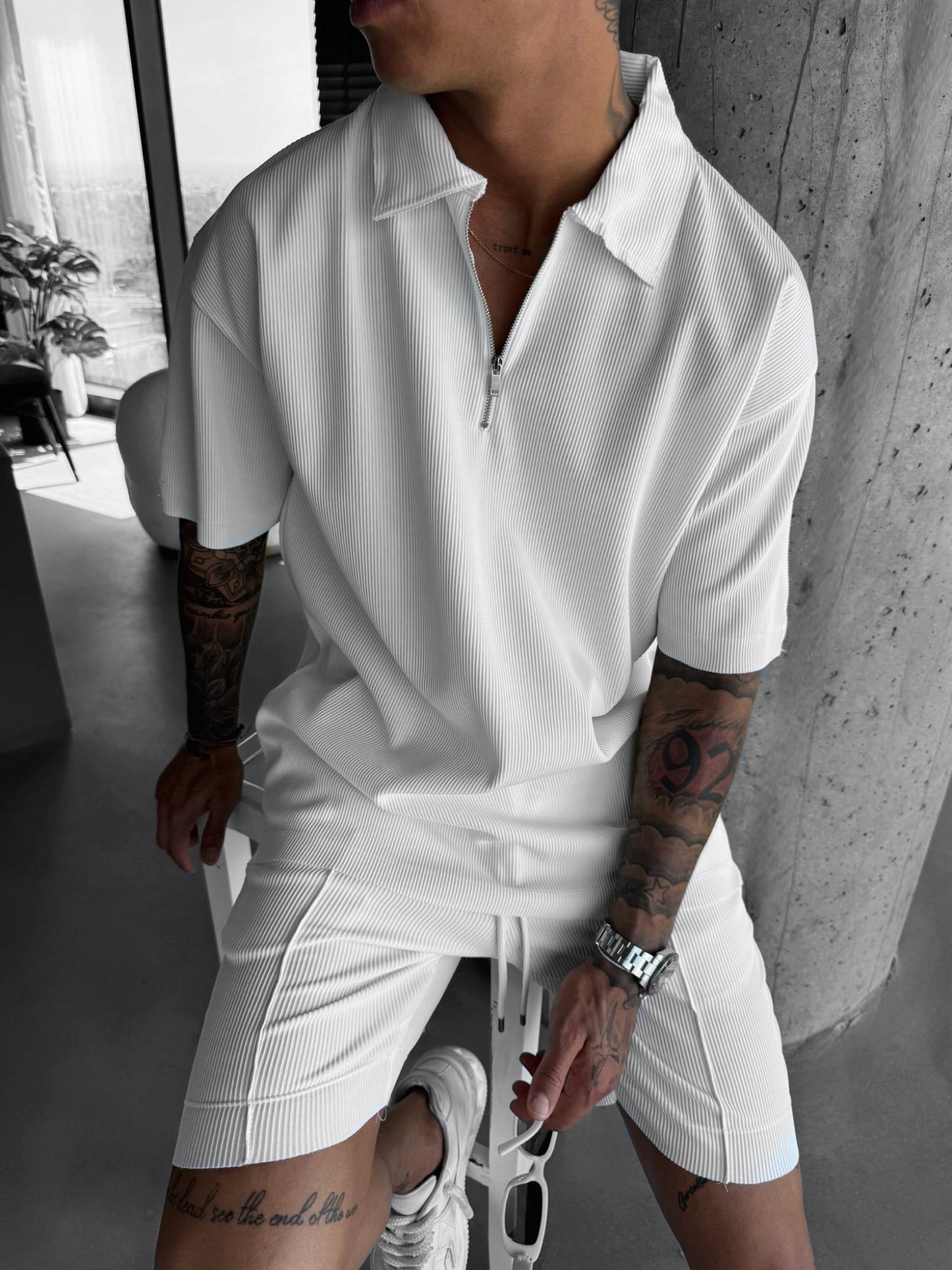 Oversize-Poloshirt mit strukturiertem Reißverschluss - Weiß