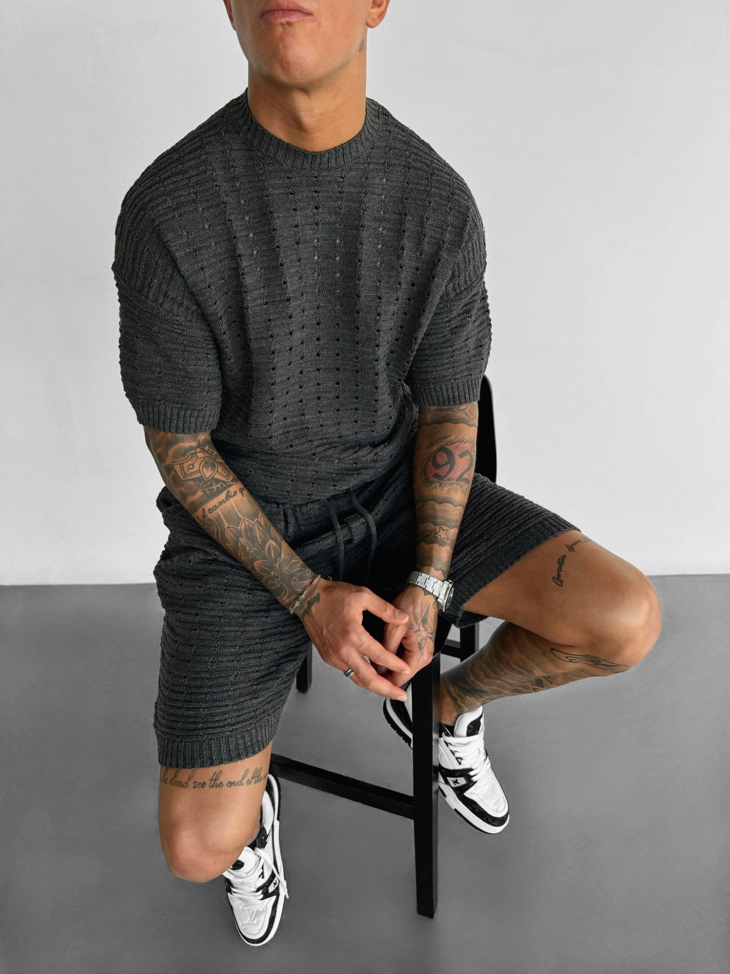 Oversized-Strick-T-Shirt mit Löchern - Anthrazit