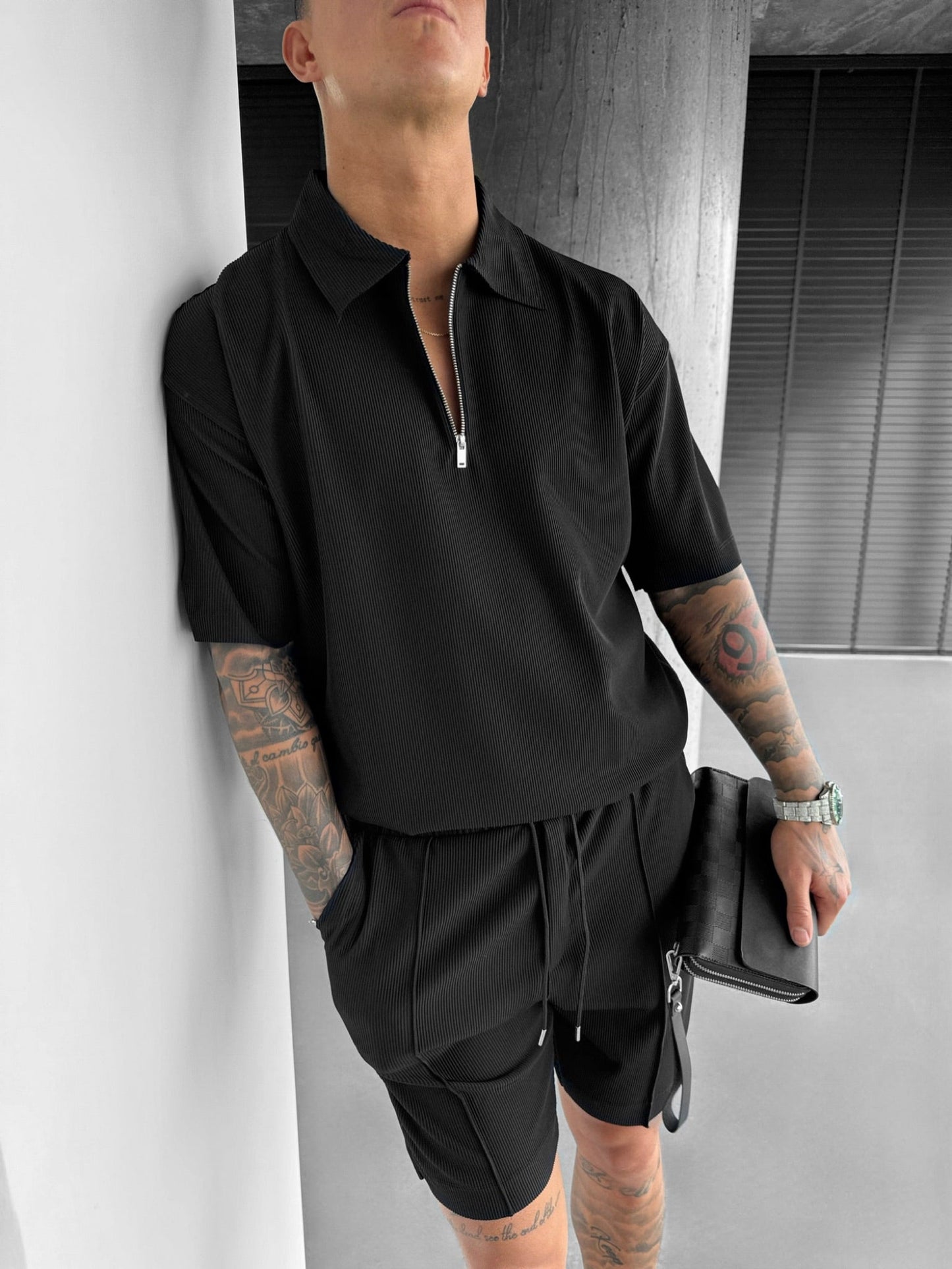 Oversize-Poloshirt mit Reißverschluss und mehreren Lagen - Schwarz