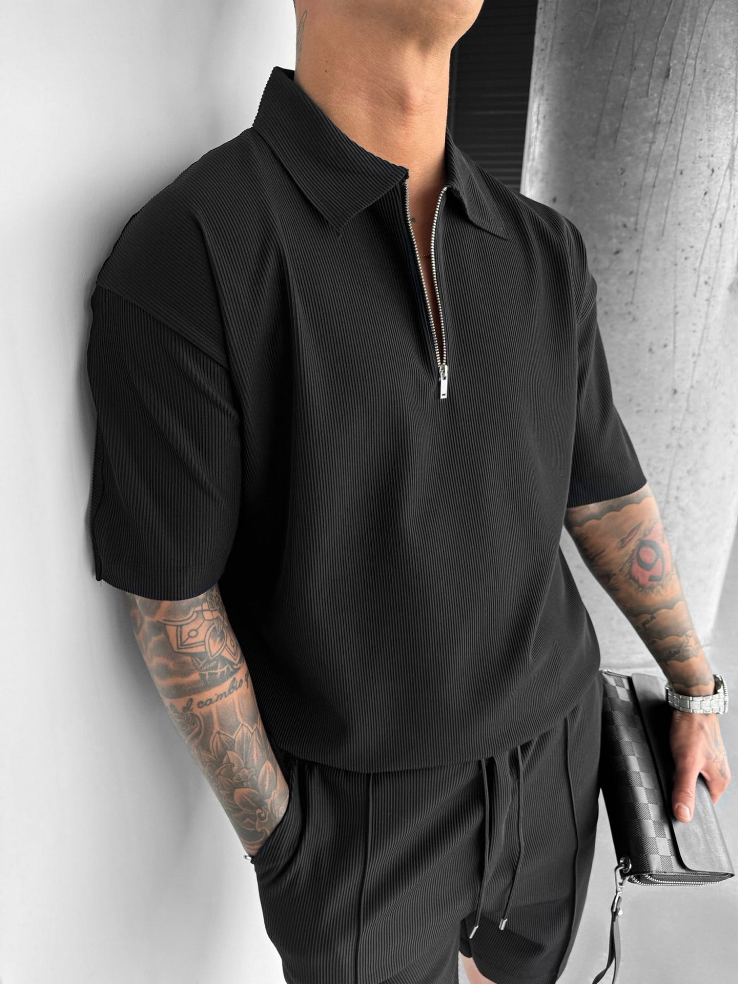 Oversize-Poloshirt mit Reißverschluss und mehreren Lagen - Schwarz