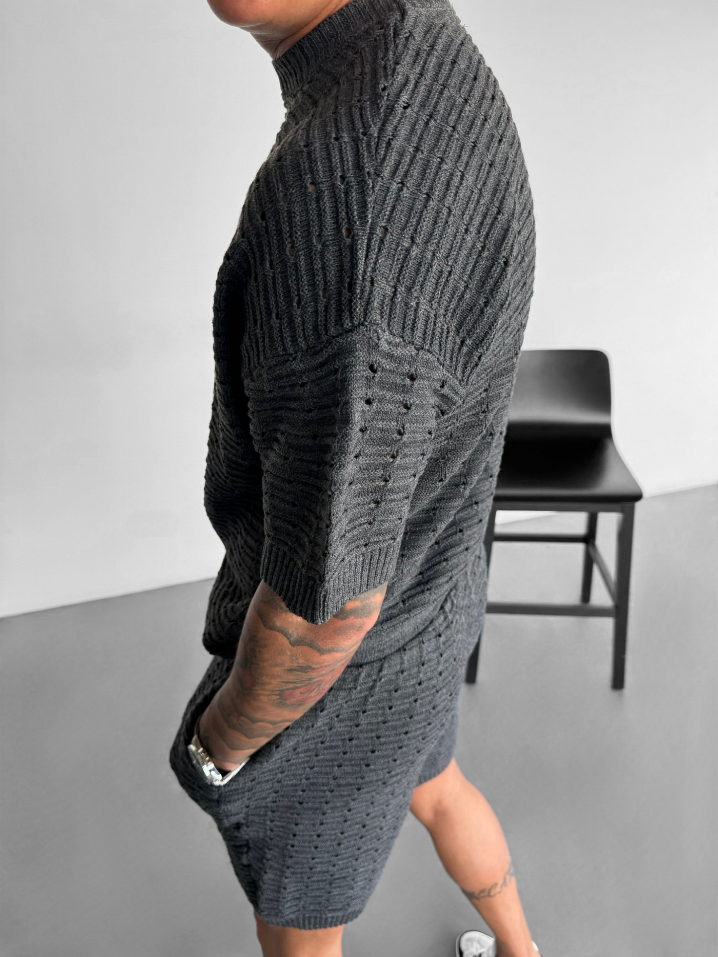 Oversized-Strick-T-Shirt mit Löchern - Anthrazit
