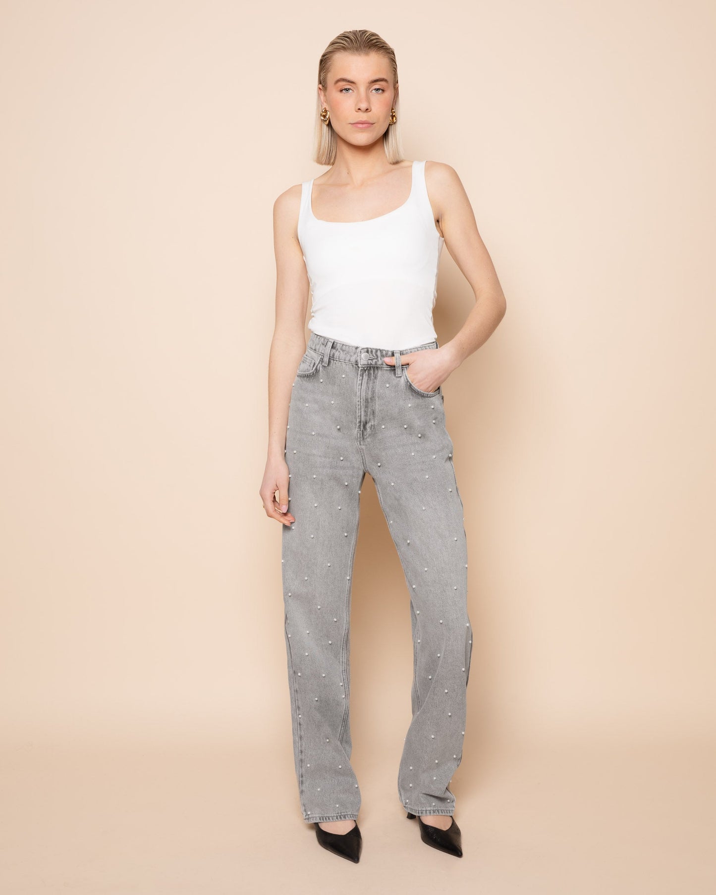 PEARL ALLOVER STRAIGHT LEG JEANS LICHTGRIJS