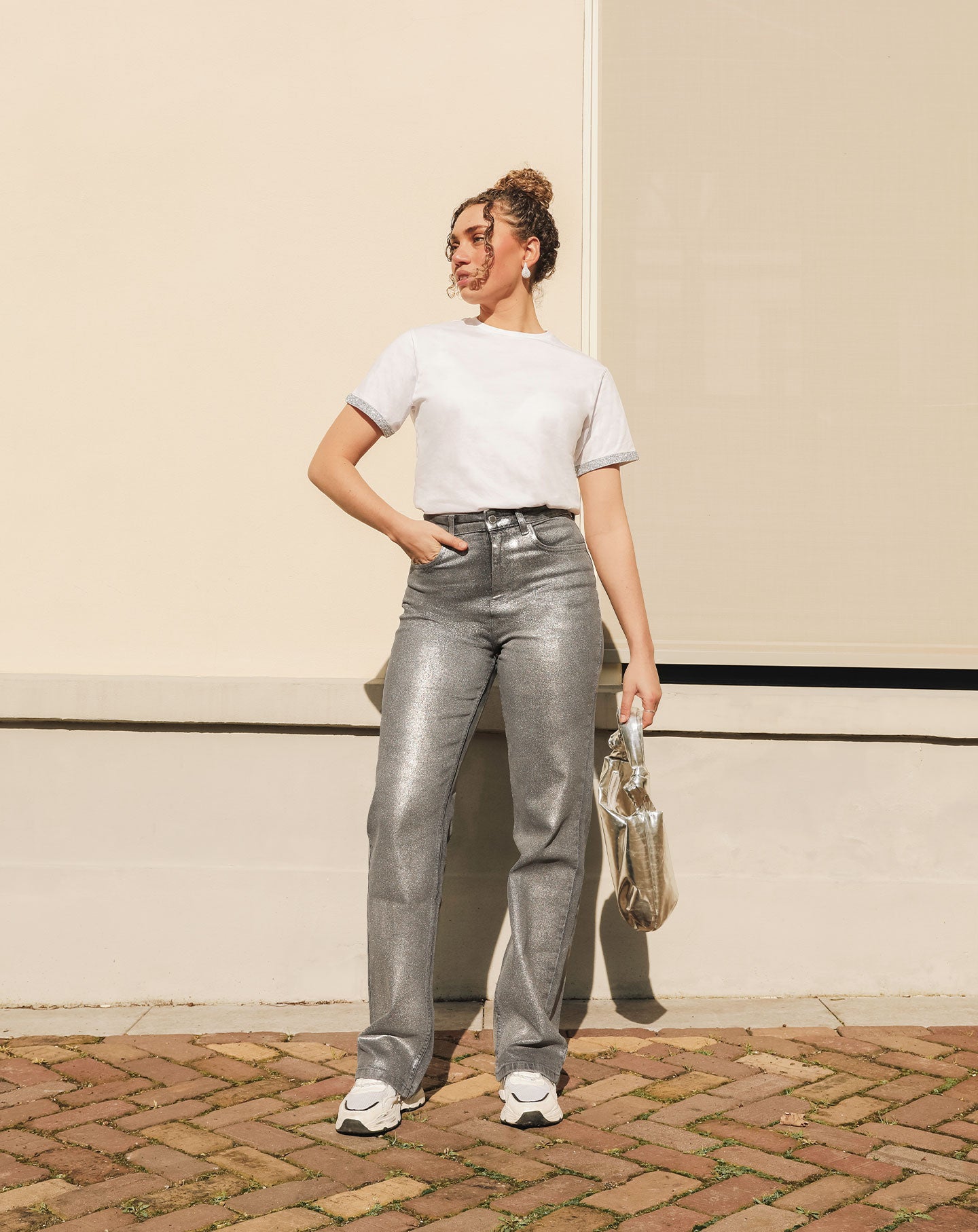 METALLIC BOOTCUT JEANS GRIJS
