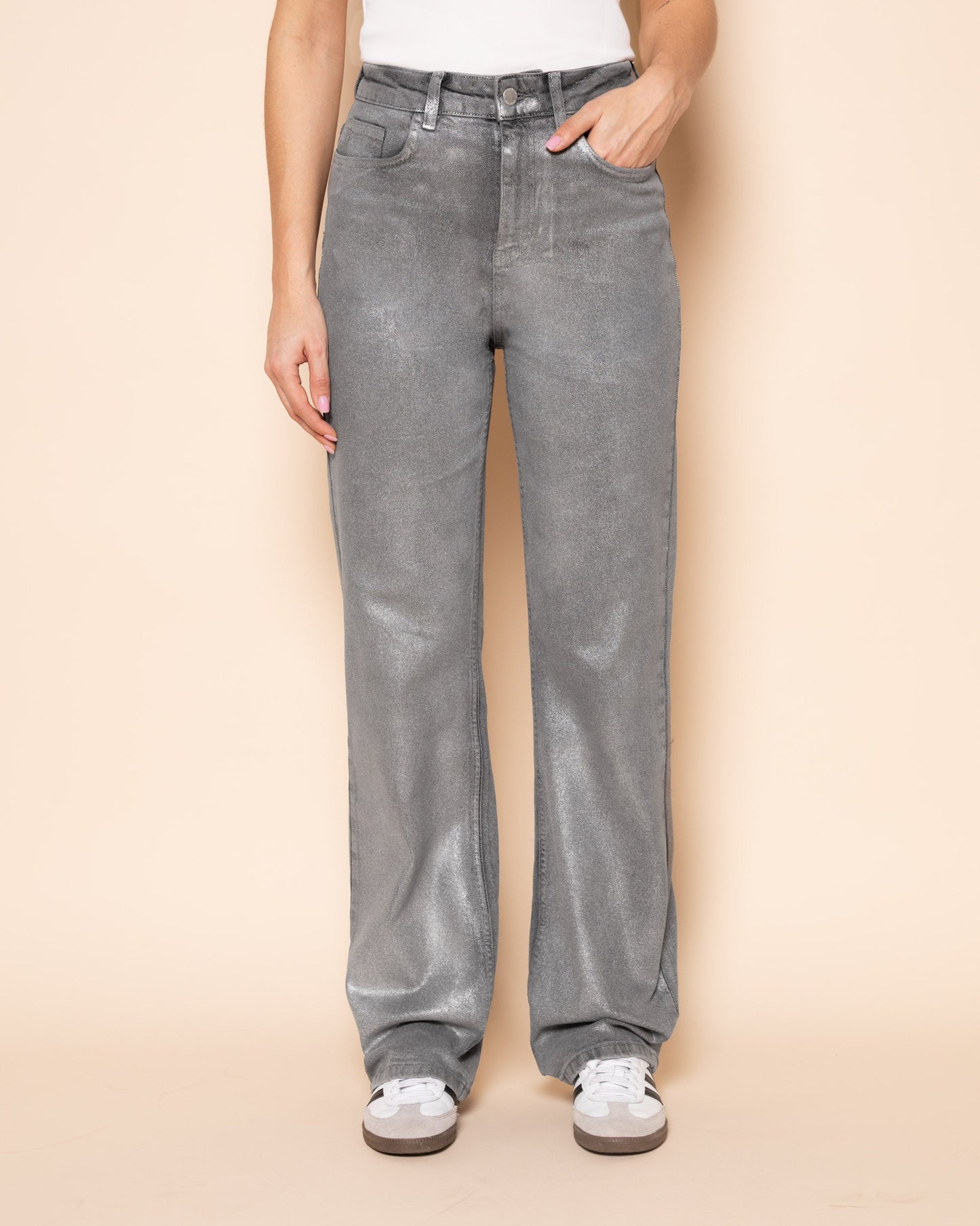 METALLIC BOOTCUT JEANS GRIJS
