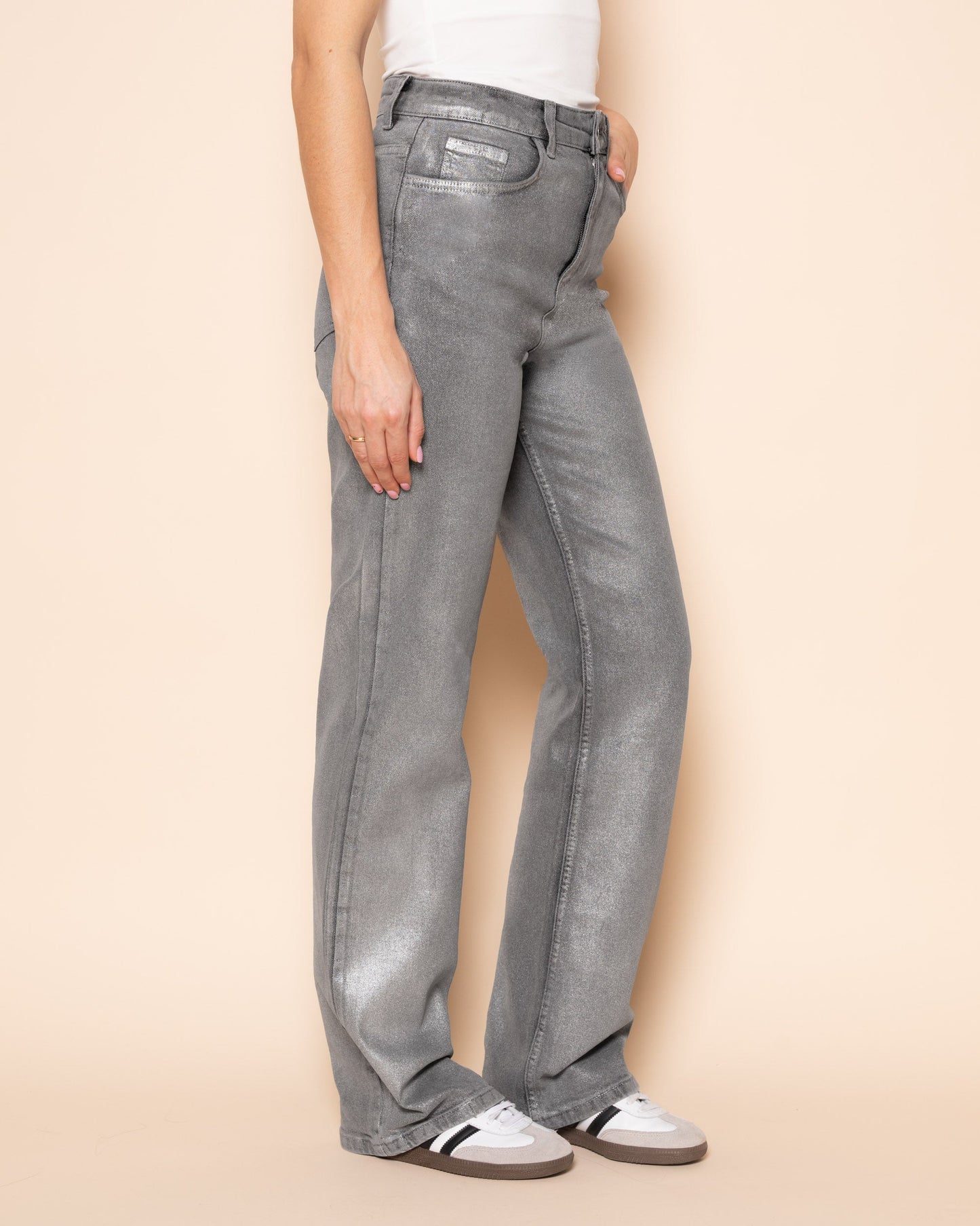 METALLIC BOOTCUT JEANS GRIJS