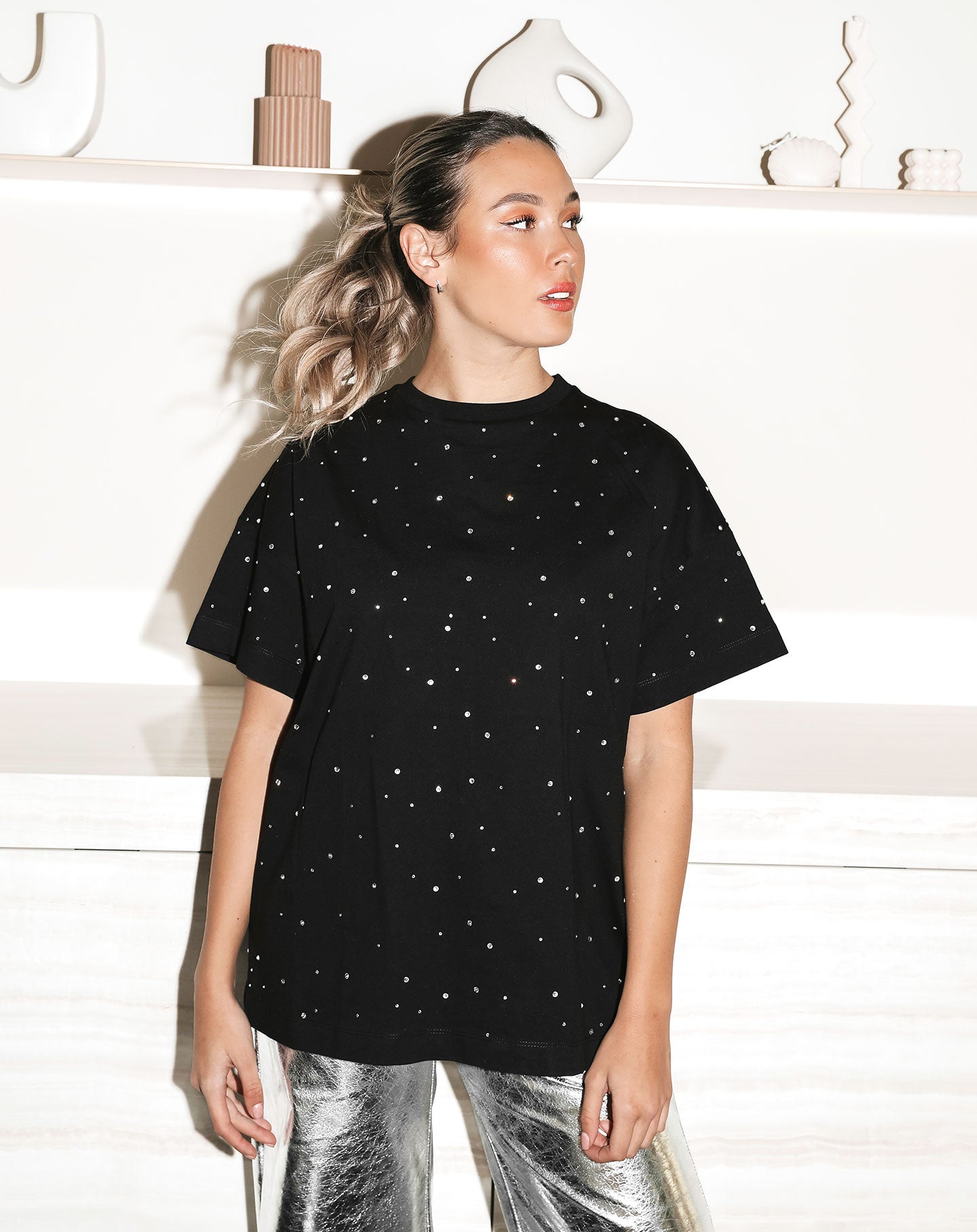 RHINESTONE OVERSIZED TEE ZWART