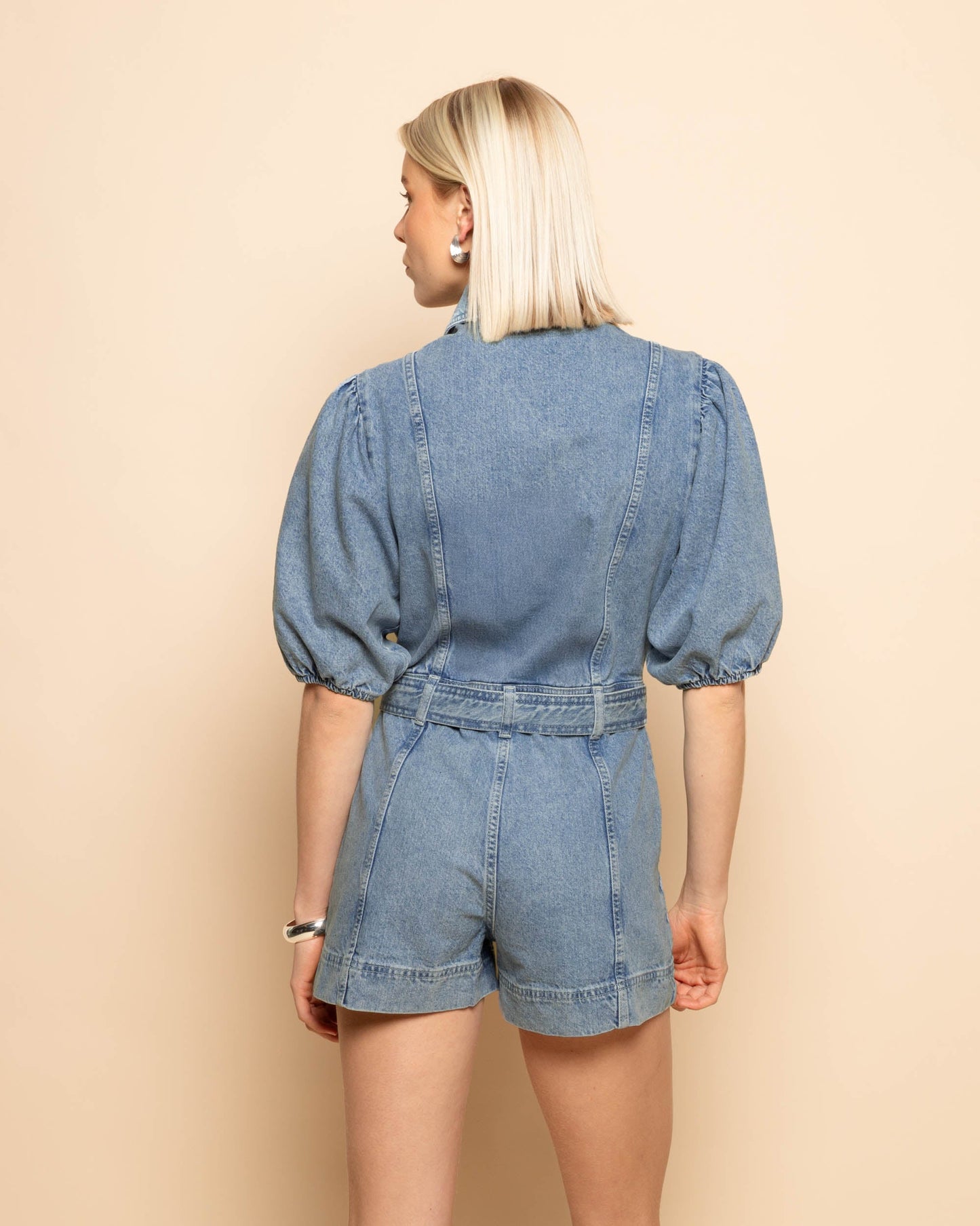 DENIM PUFF SLEEVE PLAYSUIT MID BLAUW