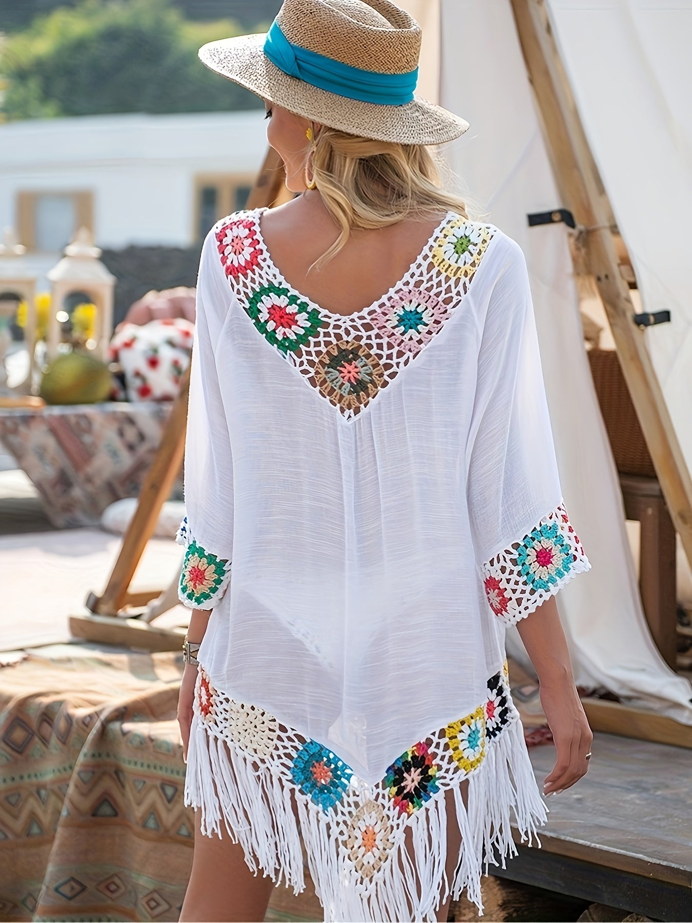 Nora | Boho Strandjurk met Haakwerk en Franjezoom voor Zomer & Vakantie