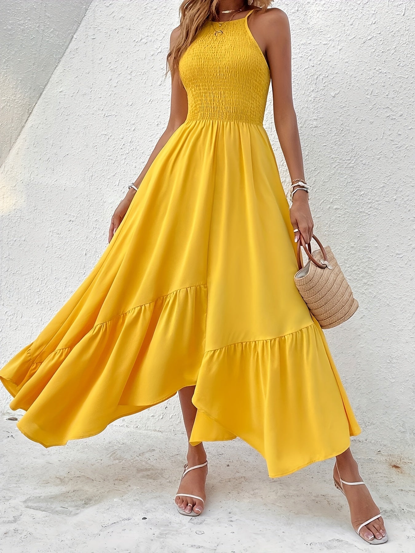 Stella | Zomerse Maxi Jurk met Halternek en Speelse Ruches
