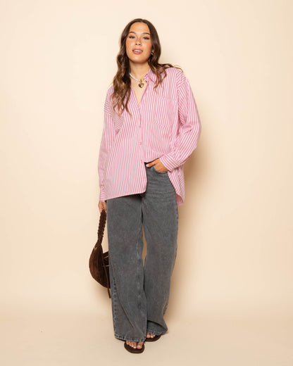 POPLIN STRIPE OVERSIZED BLOUSE ROZE