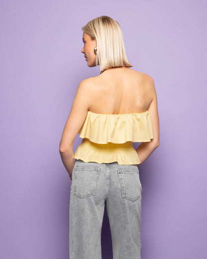 STRAPLESS RUFFLE SMOCK TOP BOTERGEEL