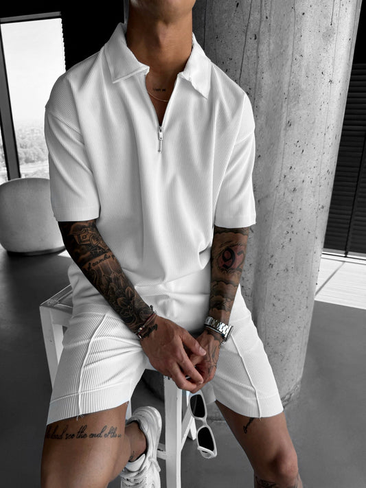 Oversize-Poloshirt mit strukturiertem Reißverschluss - Weiß