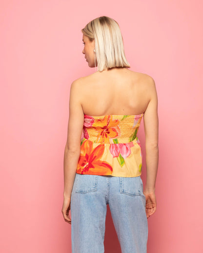 TROPICAL FLOWER PEPLUM TOP GEEL