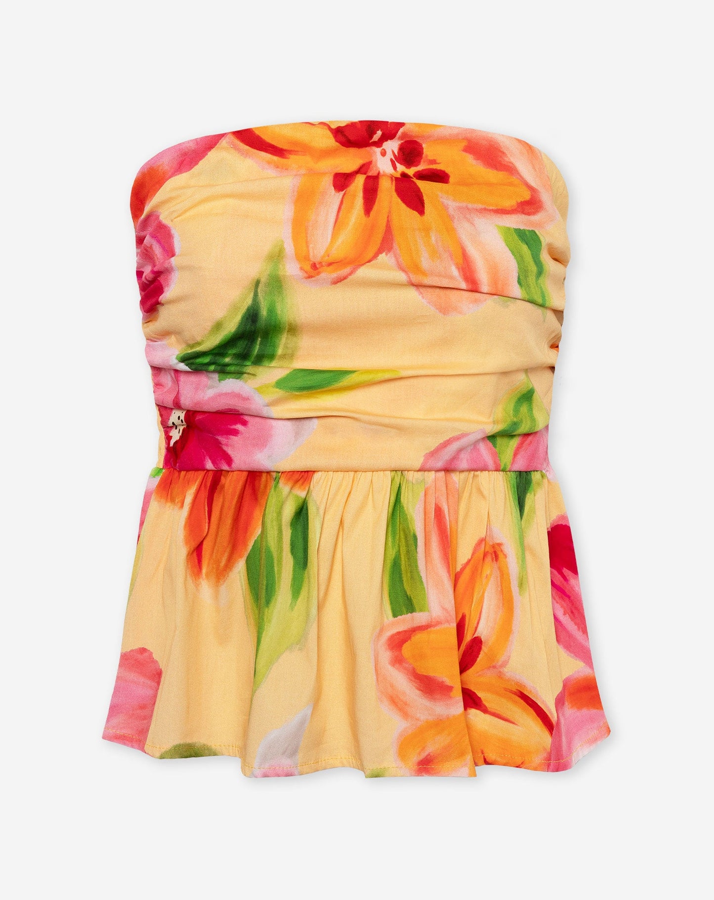 TROPICAL FLOWER PEPLUM TOP GEEL