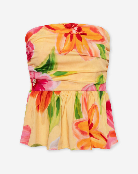 TROPICAL FLOWER PEPLUM TOP GEEL