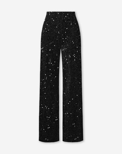 VELVET SEQUIN WIDE LEG PANTS ZWART