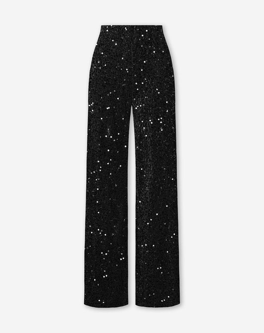 VELVET SEQUIN WIDE LEG PANTS ZWART