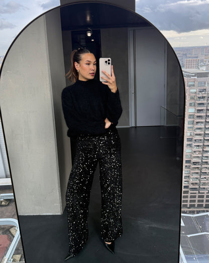 VELVET SEQUIN WIDE LEG PANTS ZWART