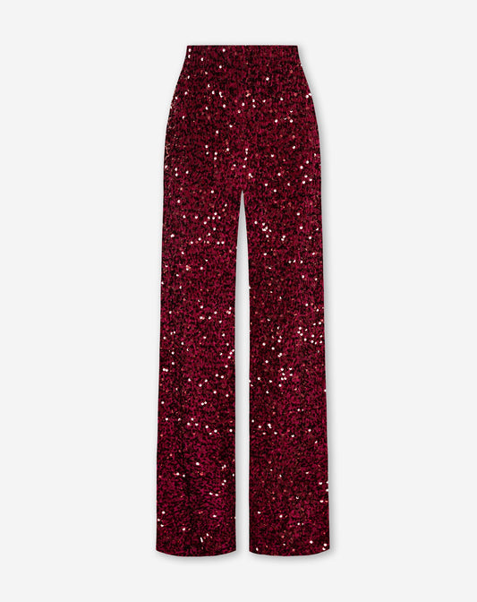 VELVET SEQUIN WIDE LEG PANTS BURGUNDY