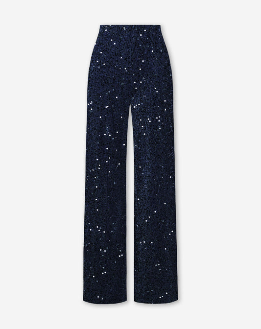 VELVET SEQUIN WIDE LEG PANTS MARINEBLAUW