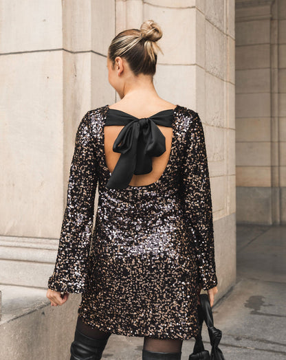 SEQUIN BOW DRESS ZWART