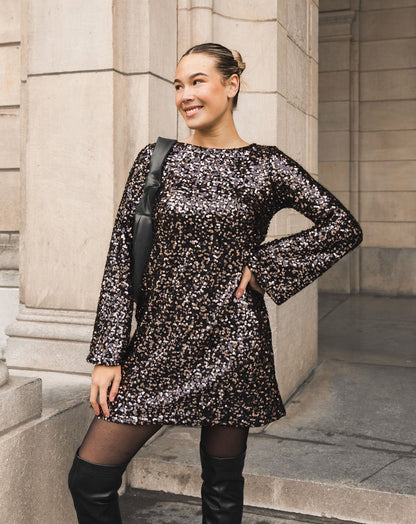 SEQUIN BOW DRESS ZWART