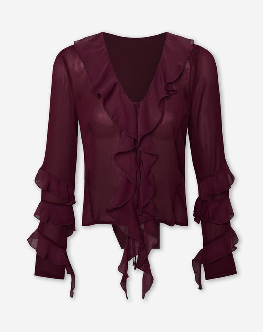 ELEANOR CRINKLE RUFFLE TOP DONKER BURGUNDY