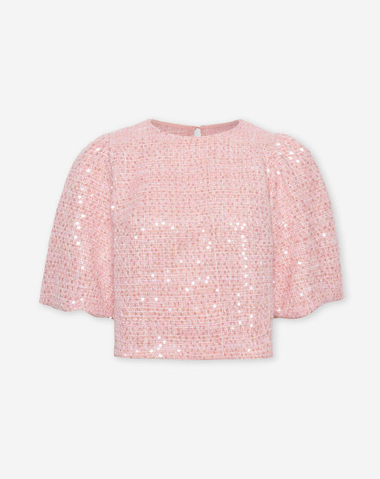 SEQUINS BOUCLE PUFF SLEEVE TOP ROZE