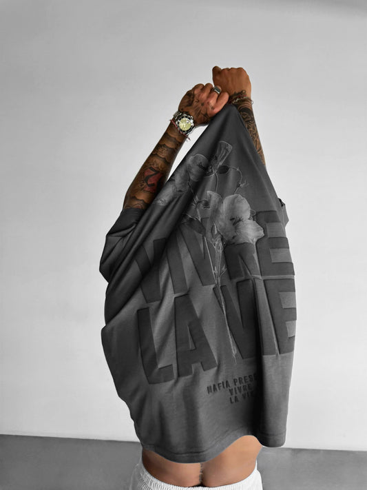Oversize Vivre la Vie T-Shirt - Anthrazit und Schwarz