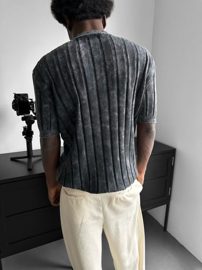 Slim Fit Washed Lines Strick-T-Shirt - Anthrazit