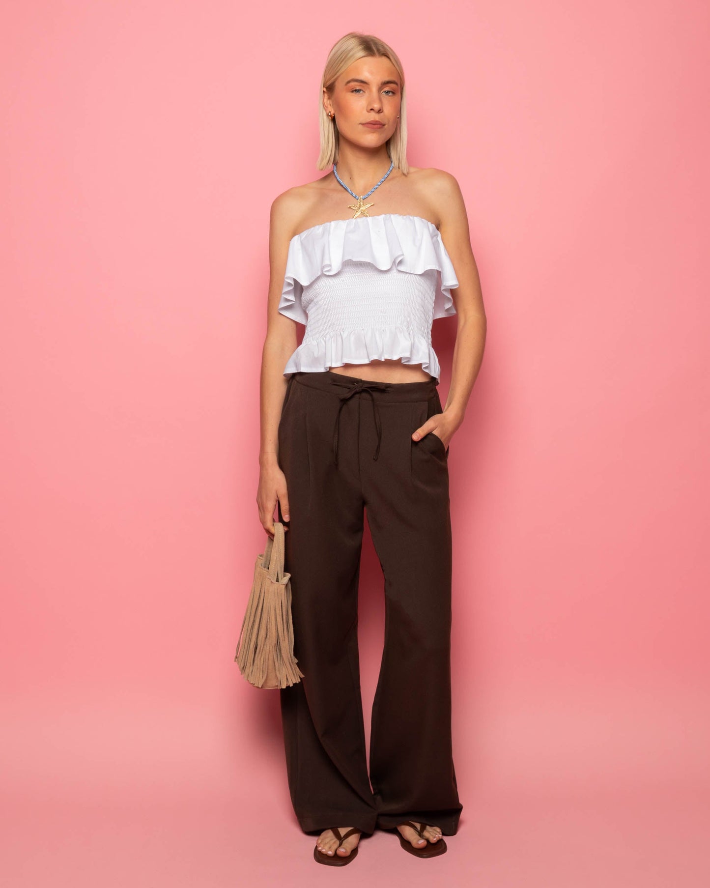 STRAPLESS RUFFLE SMOCK TOP WIT
