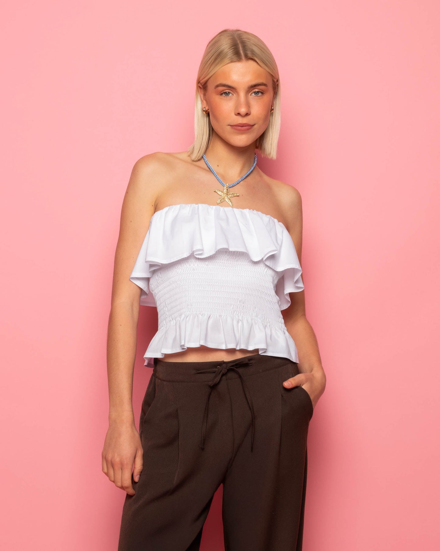 STRAPLESS RUFFLE SMOCK TOP WIT