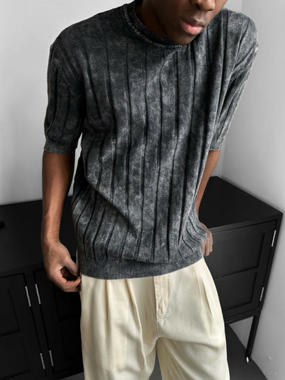 Slim Fit Washed Lines Strick-T-Shirt - Anthrazit