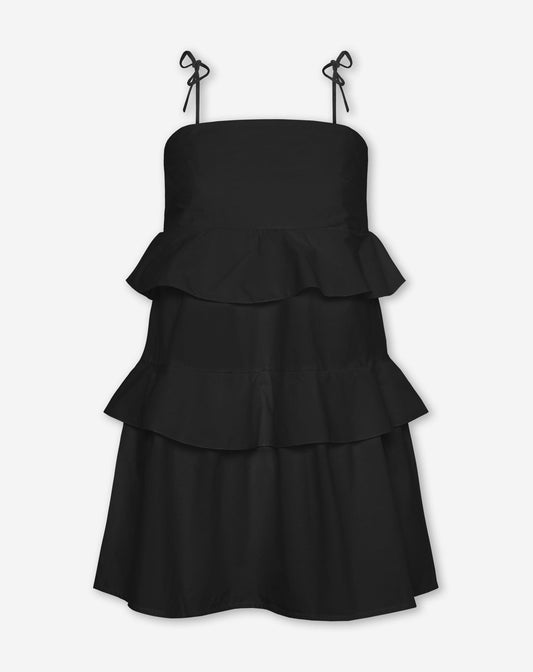 ROAMY POPLIN RUFFLE DRESS ZWART