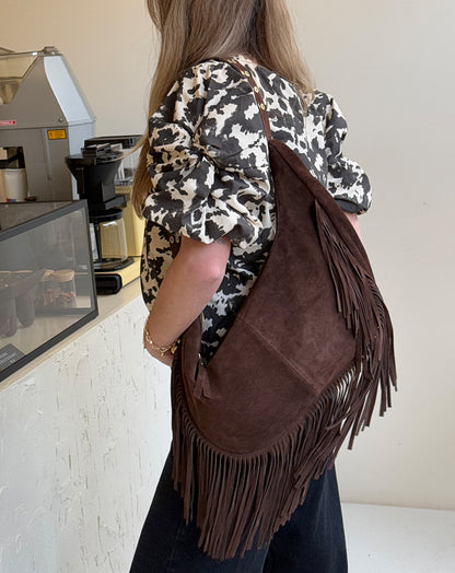LIVIA FRINGE SUEDE BAG DONKERBRUIN